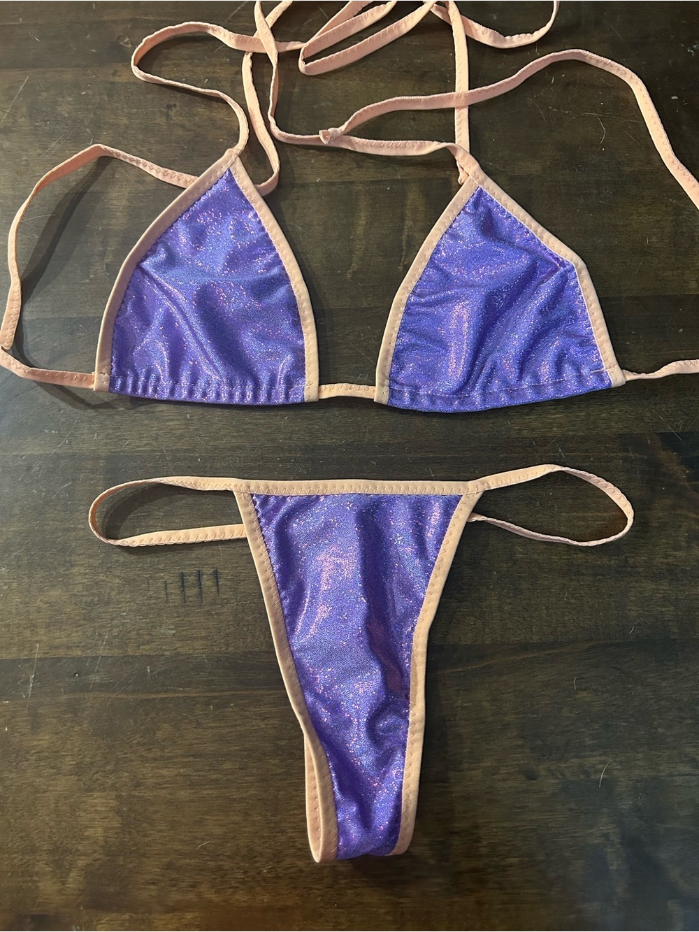 Purple Sparkle Triangle Bikini Set with Nude Trim